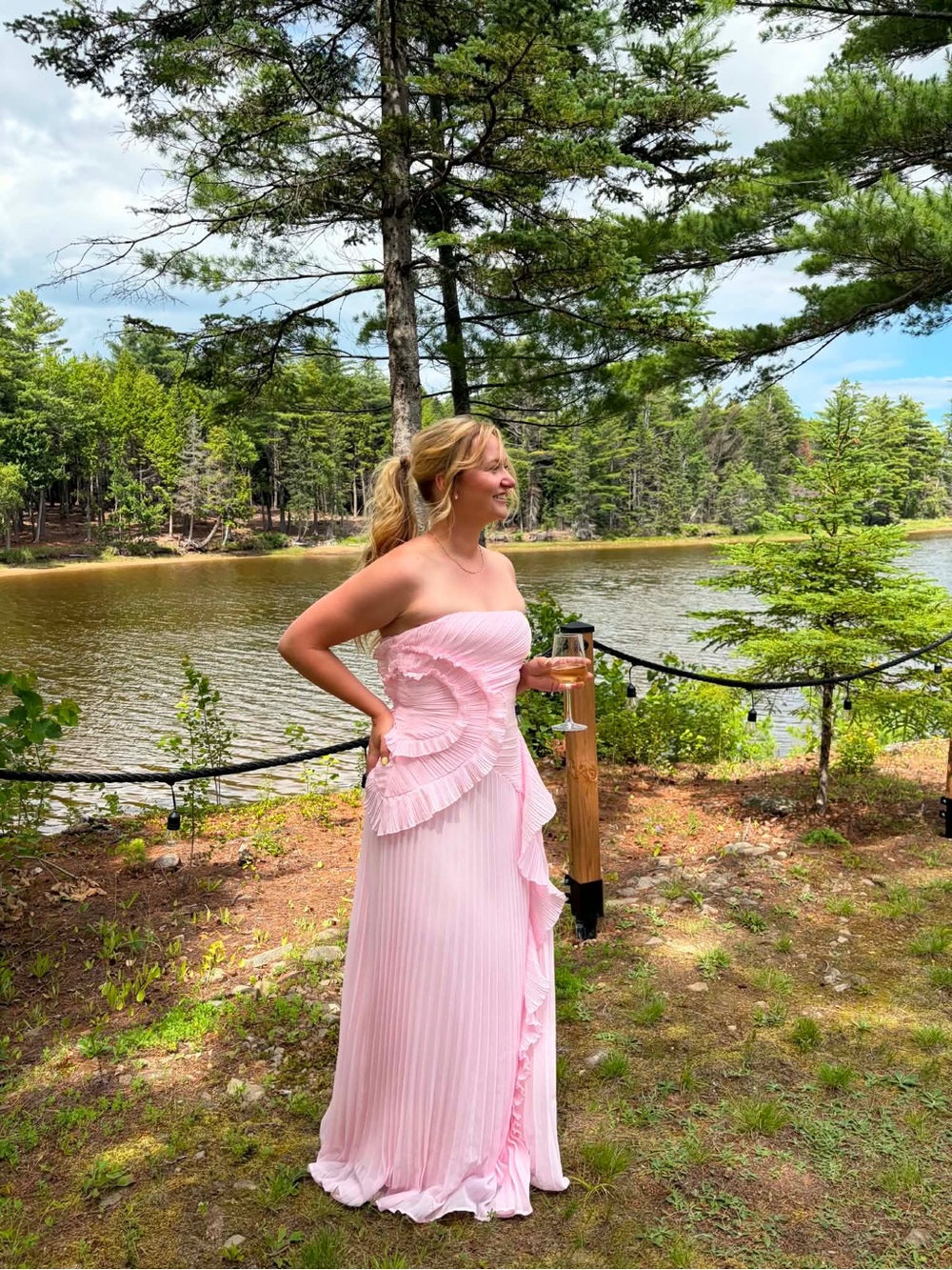 Lulu's Strapless Blush Pink Ruffle Pleated Maxi Dress